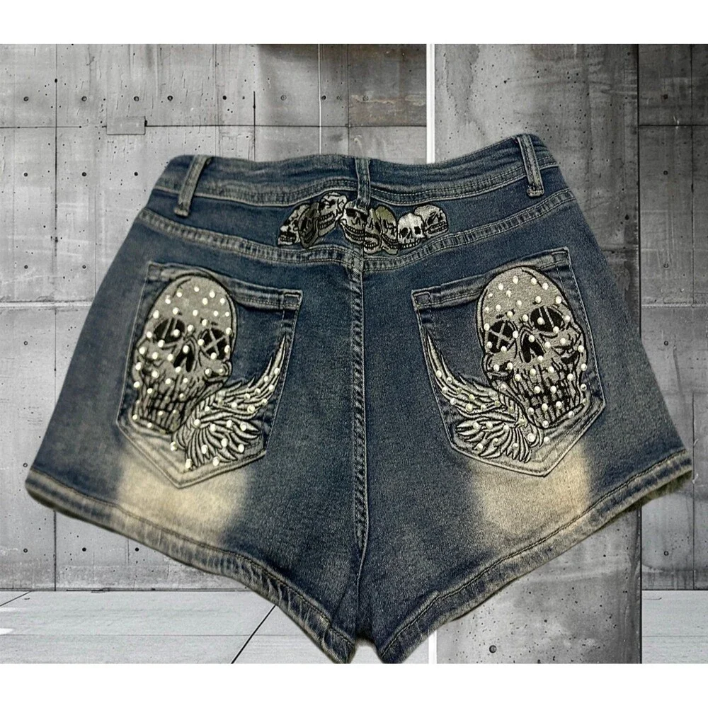 Romwe Denim Shorts with Skull and Wing Embellishments L